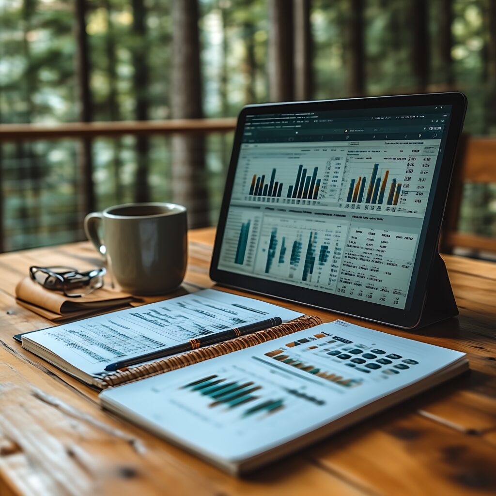 financial data analysis tablet charts graphs notebook outdoors
